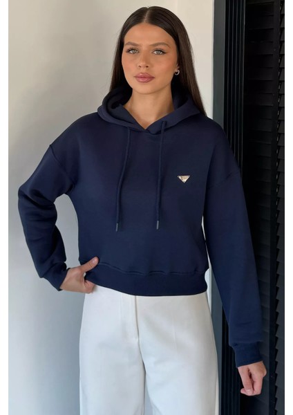 Kadın Kapüşonlu Üç Iplik Şardonlu Crop Top Sweatshirt P-00018505