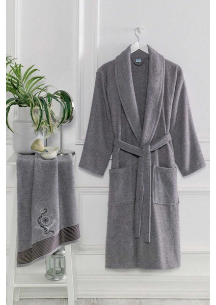 Erkek Havlulu Banyo Bornoz Takımı &AMP;#37;100 Pamuklu Antrasit