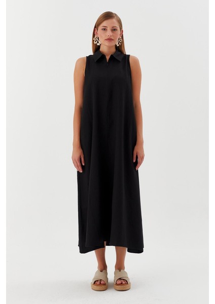 Yakası Fermuarlı Cepli Elbise Sıyah modelleri