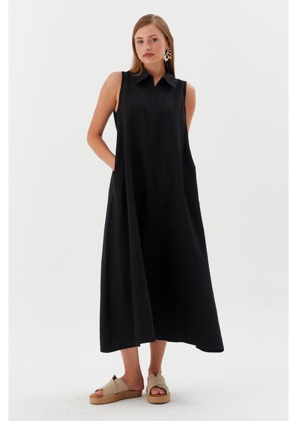 Yakası Fermuarlı Cepli Elbise Sıyah fırsatları