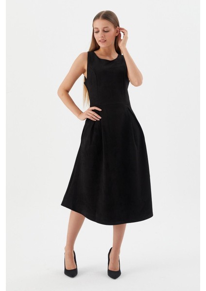 Süet Midi Elbise Sıyah