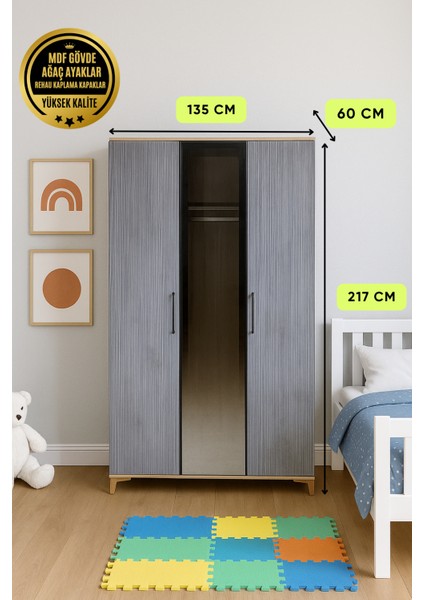 Ege MDF 3 Kapaklı Çekmeceli Genç Odası Dolabı | REHAU Kaplama Kapaklar | Ağaç Ayaklar | Üstün Kaliteli Genç Odası Dolabı indirimleri