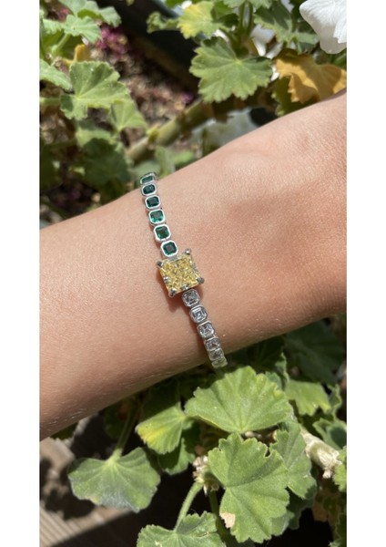 Özel Sarı Taşlı Kare Montür Su Yolu Bileklik 925 Ayar Gümüş Zümrüt Beyaz Taşlı Su Yolu Bileklik modelleri