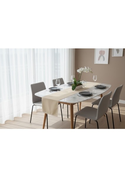 Şık Bej Keten Runner – Keten Dantel Detaylı Sofra, Masa, Amerikan Servis