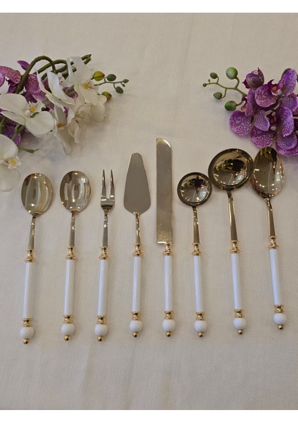 8 Parça Rustik Porselen Servis Kaşık Seti Tamamen Gold