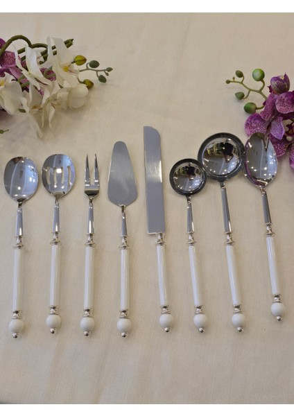 8 Parça Rustik Porselen Servis Kaşık Seti Gümüş