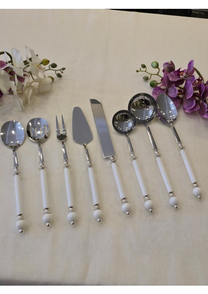 8 Parça Rustik Porselen Servis Kaşık Seti Gümüş modelleri