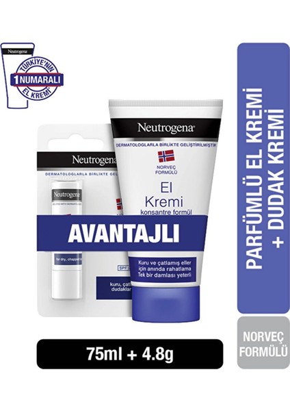 Norveç Formülü Parfümlü El Kremi 75ML + Besleyici Dudak Nemlendiricisi 4.8gr fiyatları
