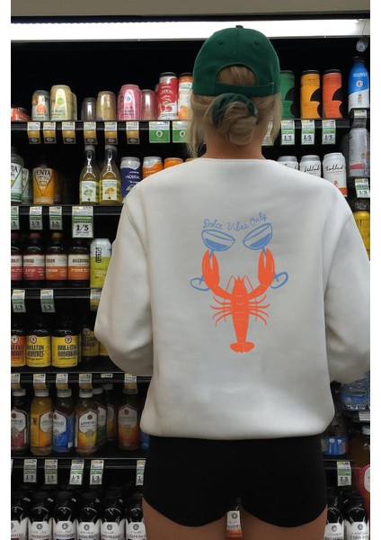 Kadın Sırt Istakoz Baskılı Içi Şardonlu Oversize Sweatshirt
