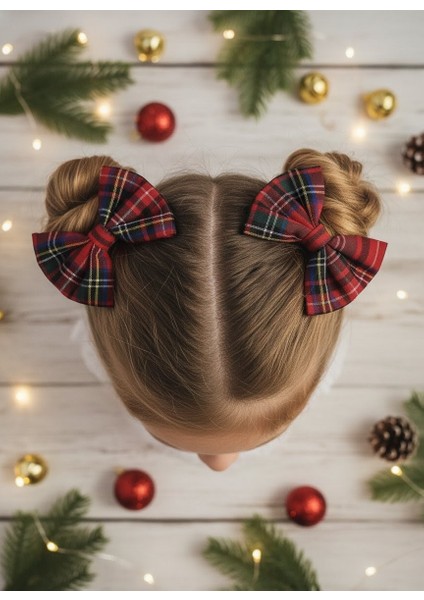 El Yapımı Ikili Kombin Kırmızı Ekose Yılbaşı Tokası Kırmızı Fiyonk Toka, Çocuk Genç Yılbaşı Hediye