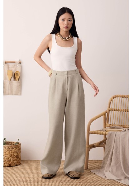 Pileli Basic Keten Pantolon Sedef indirimleri