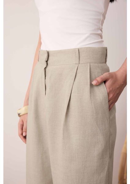 Pileli Basic Keten Pantolon Sedef