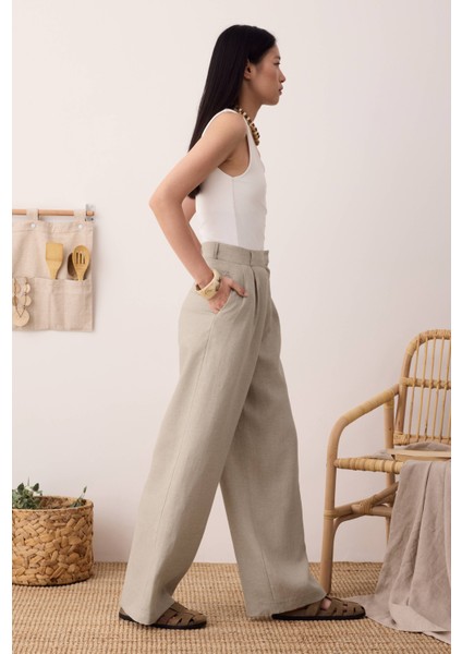 Pileli Basic Keten Pantolon Sedef