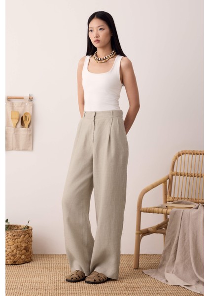 Pileli Basic Keten Pantolon Sedef