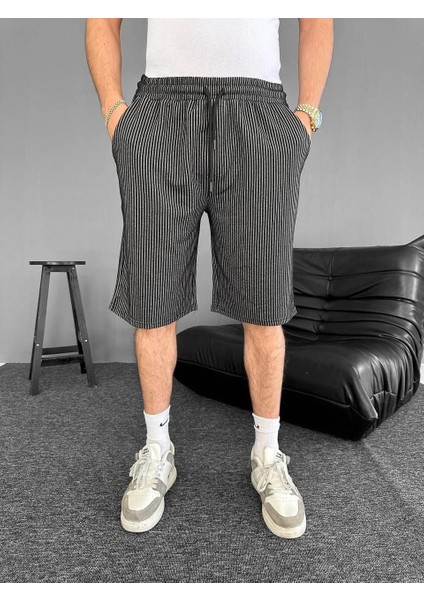 Su Yolu Çizgili Ön Arka Cepli Şort Yazlık Nefes Alabilir - Siyah