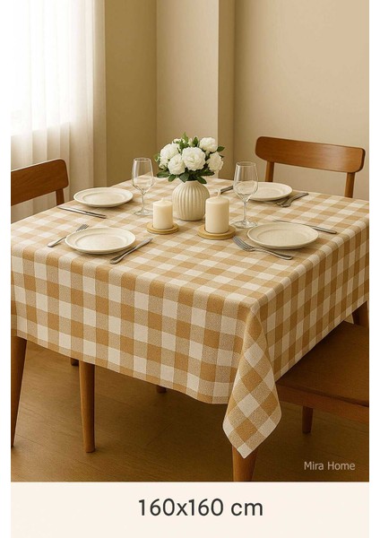Fiber Kareli Masa Örtüsü Sofra Bezi Ekose Desen 160X160 cm Bej