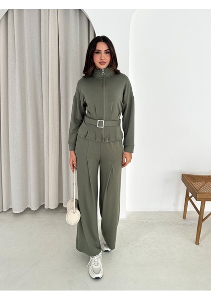 Tesettür Uyumlu Modal Kumaş Kemerli Fermuarlı Şık Günlük Takım / Modest Modal Tracksuit Set