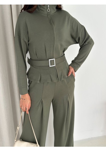 Tesettür Uyumlu Modal Kumaş Kemerli Fermuarlı Şık Günlük Takım / Modest Modal Tracksuit Set