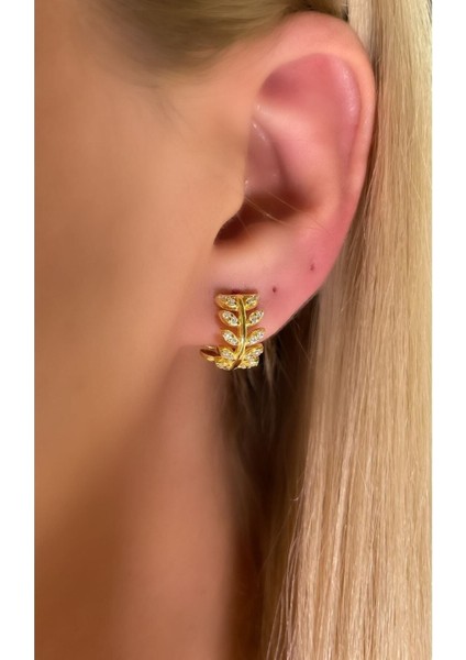 Yaprak Halka Küpe 925 Ayar Gümüş Tek Adet (Zirkon Taşlı Yaprak Küpe 925 Ayar Gümüş Tek Adet)