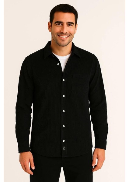 Erkek Fitilli Kadife Cepli Gömlek Oversize Rahat Kalıp - Siyah fiyatları