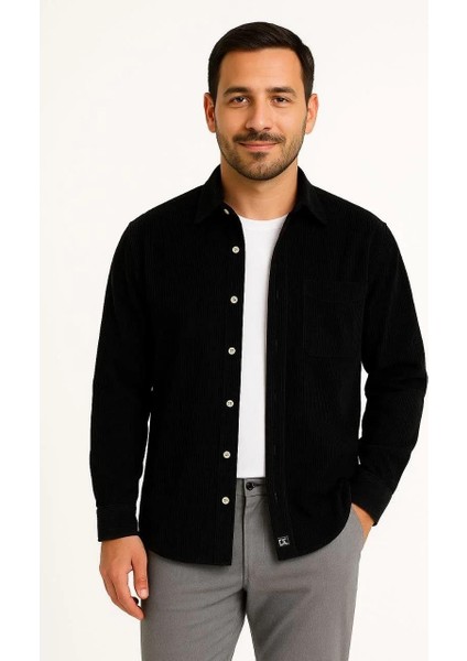 Erkek Fitilli Kadife Cepli Gömlek Oversize Rahat Kalıp - Siyah modelleri