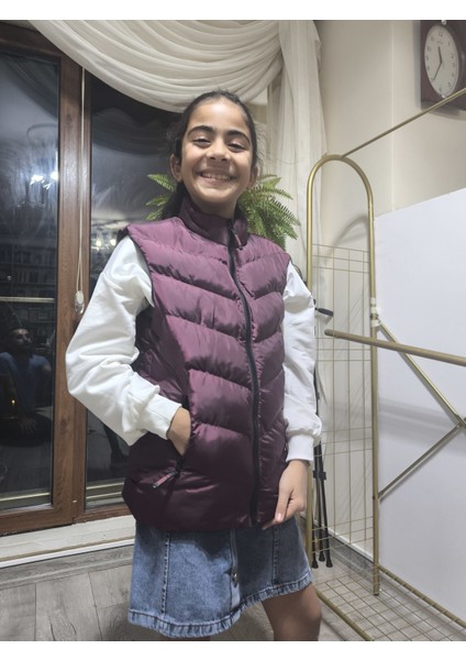 kız-Erkek Çocuk Şişme Yelek Astarlı Fermuarlı Cepli Su Tutmaz Rüzgar Kesici Isı Yalıtımlı Mürdüm