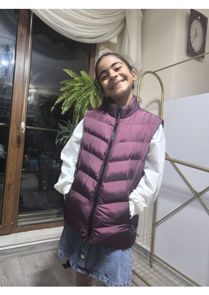 kız-Erkek Çocuk Şişme Yelek Astarlı Fermuarlı Cepli Su Tutmaz Rüzgar Kesici Isı Yalıtımlı Mürdüm fiyatları