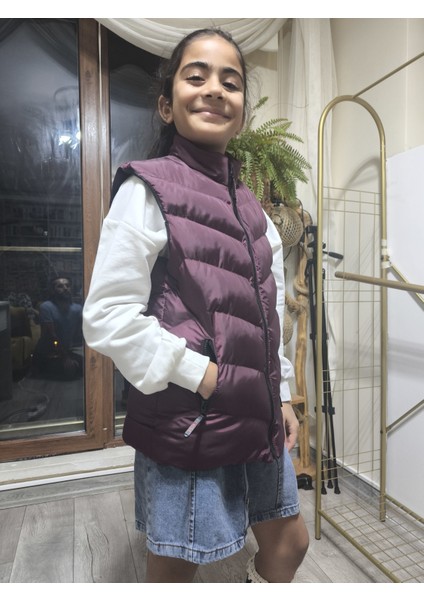 kız-Erkek Çocuk Şişme Yelek Astarlı Fermuarlı Cepli Su Tutmaz Rüzgar Kesici Isı Yalıtımlı Mürdüm modelleri