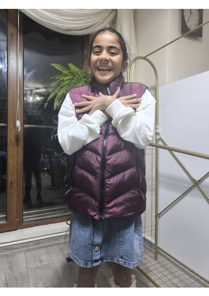 kız-Erkek Çocuk Şişme Yelek Astarlı Fermuarlı Cepli Su Tutmaz Rüzgar Kesici Isı Yalıtımlı Mürdüm fırsatları