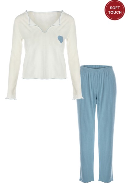 Kadın Soft Touch Fitilli Uzun Kollu Pijama Takımı