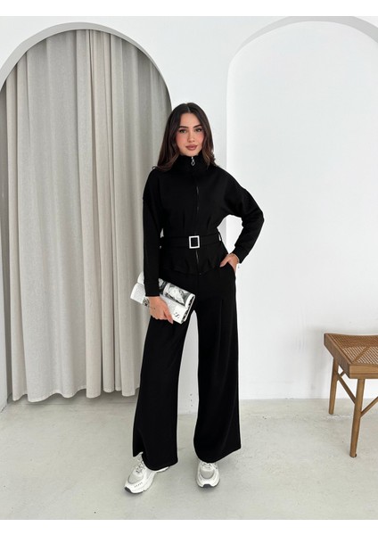 Modal Kumaş Fermuarlı Kemerli Şık Günlük Eşofman Takımı / Modal Fabric Zippered Belted Tracksuit Set fırsatları