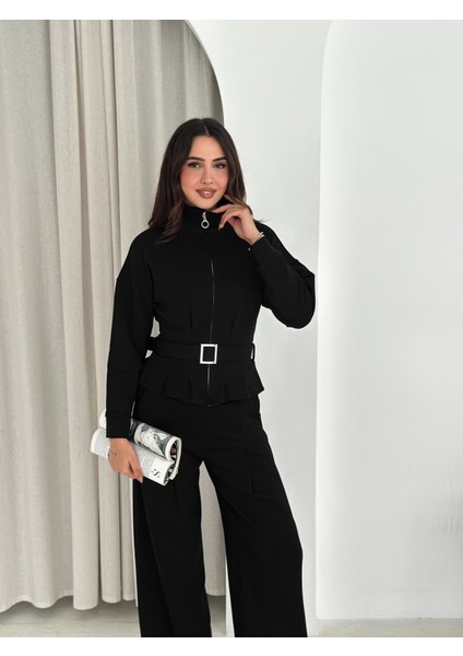 Modal Kumaş Fermuarlı Kemerli Şık Günlük Eşofman Takımı / Modal Fabric Zippered Belted Tracksuit Set indirimleri