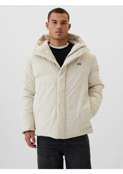 Erkek Kırık Beyaz Gap Logo Kapüşonlu Mont