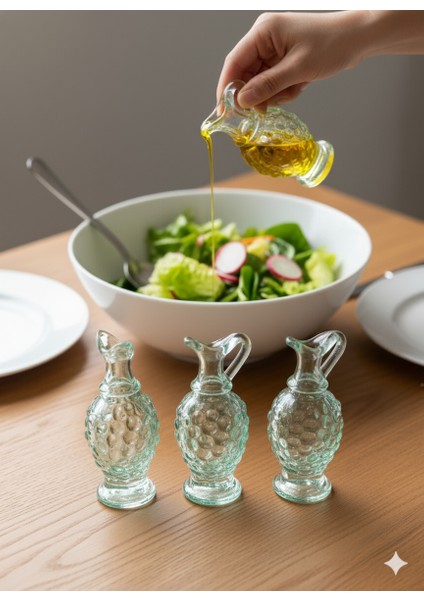 3 Lü Cam Minik Zeytinyağı Ayçiçek Yağı Sirke Limon Şisesi Sofra Sunum Şisesi Sosluk