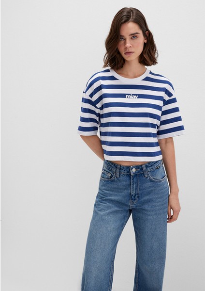 Miav Baskılı Çizgili Crop Tişört 1612456-87201