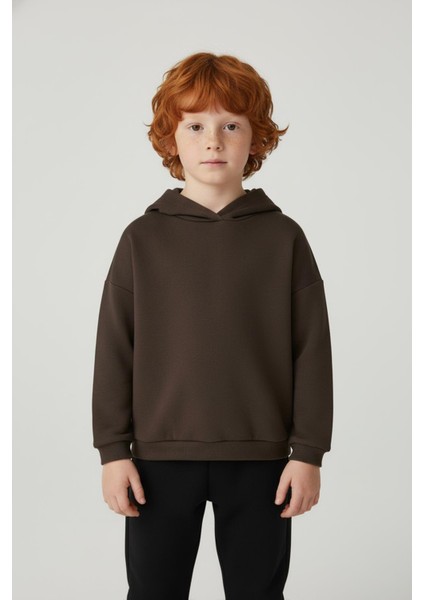 Unisex Çocuk Basic Pamuklu Kapüşonlu Sweatshirt - Kahverengi