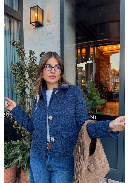 Indigo Tüylü Dokulu Astarlı Yıldız Düğmeli Fit Yünlü Ceket fiyatları