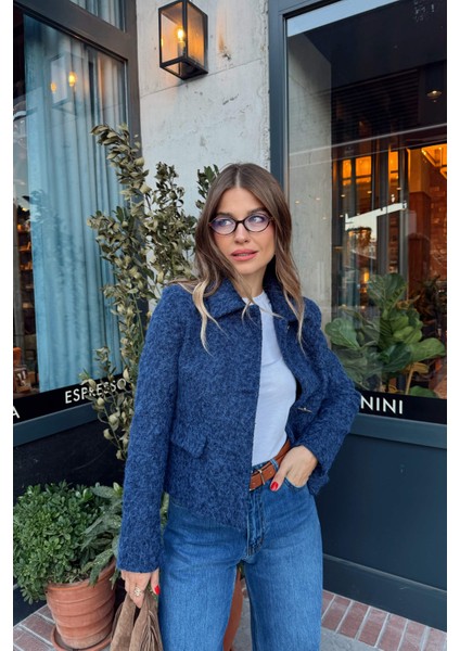 Indigo Tüylü Dokulu Astarlı Yıldız Düğmeli Fit Yünlü Ceket modelleri