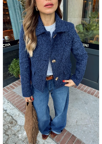 Indigo Tüylü Dokulu Astarlı Yıldız Düğmeli Fit Yünlü Ceket fırsatları