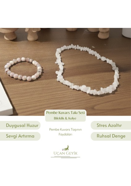 Pembe Kuvars Doğal Taş Bileklik ve Kolye Seti – Sevgi, Şefkat ve Pozitif Enerji Yayan El Yapımı Şifa Takı