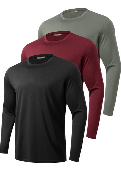 3'lü Paket Erkek %100 Pamuklu Likralı Spor Koşu Günlük Antrenman Uzun Kollu Penye T-Shirt