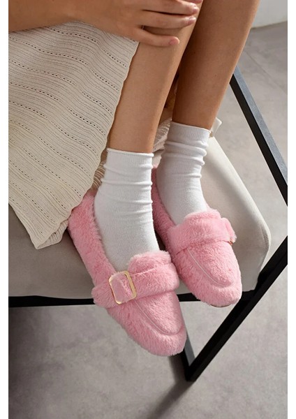 Vera Tavşan Tüyü Lastikli Tokalı Kaydırmaz Taban Kadın Babet Panduf Ev Terliği