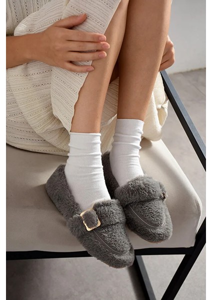 Vera Tavşan Tüyü Lastikli Tokalı Kaydırmaz Taban Kadın Babet Panduf Ev Terliği