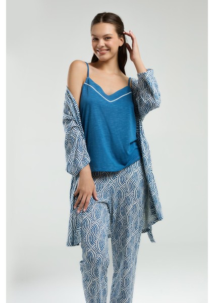 Kadın 3'lü Pijama Takım, Cepli Pantolon, Ip Askılı Atlet ve Sabahlık Takım modelleri