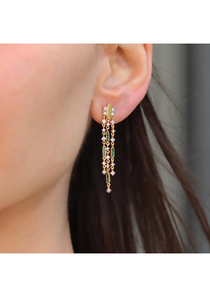 Malahit Taşlı Zincir Trend Gold Gümüş Küpe