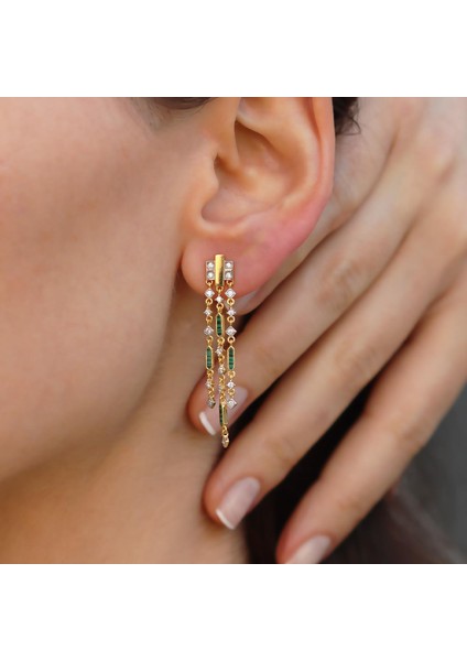 Malahit Taşlı Zincir Trend Gold Gümüş Küpe modelleri