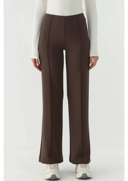 Kadın Modal Touch Nervür Detaylı Geniş Paça Pantolon Kahve Kahvesi
