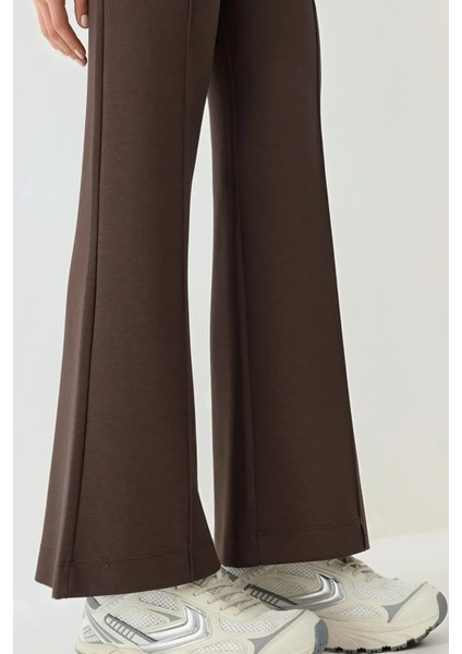 Kadın Modal Touch Nervür Detaylı Geniş Paça Pantolon Kahve Kahvesi