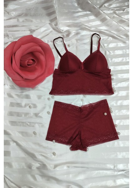 Bordo Büstiyer Boxer Iç Çamaşır Takımı Dantel Desenli Light Pad Telsiz Yumuşak Pedli fiyatları