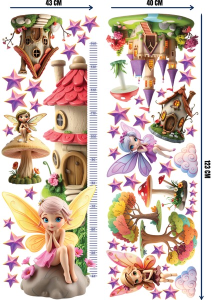 Minik Periler Temalı Boy Ölçerli Çocuk Odası Duvar Sticker Seti | Çocuk Odası Dekoru | Mat Yüzey, Kolay Uygulama, Sökülebilir modelleri